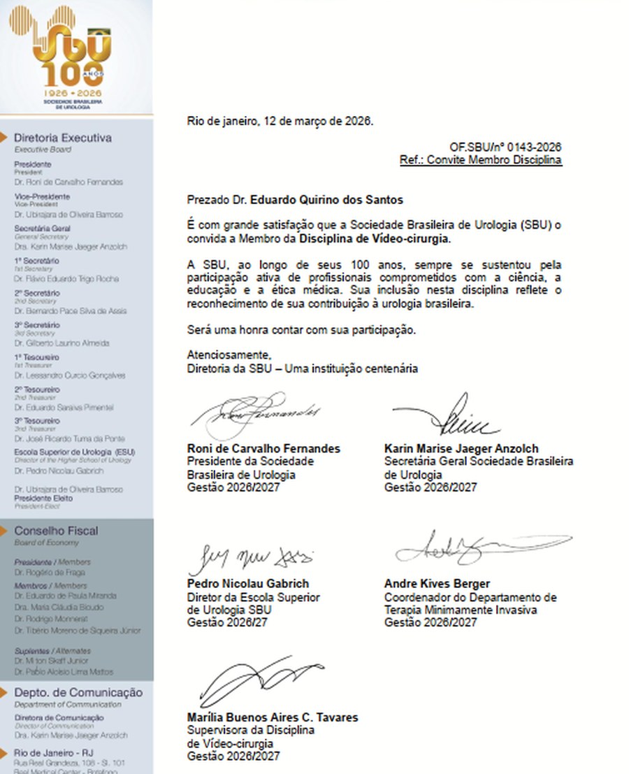 Carta-convite da SBU para integrar a Disciplina de Vídeo-cirurgia