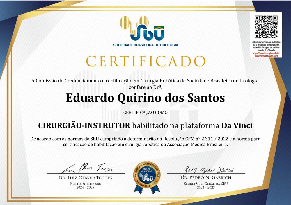 Certificado de Cirurgião-Instrutor na plataforma Da Vinci — Sociedade Brasileira de Urologia