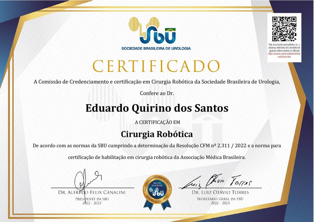 Certificado de Cirurgia Robótica — Sociedade Brasileira de Urologia